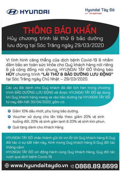 THÔNG BÁO KHẨN VỀ VIỆC HỦY CHƯƠNG TRÌNH LÁI THỬ & BẢO DƯỠNG LƯU ĐỘNG TẠI SÓC TRĂNG NGÀY 29.03.2020